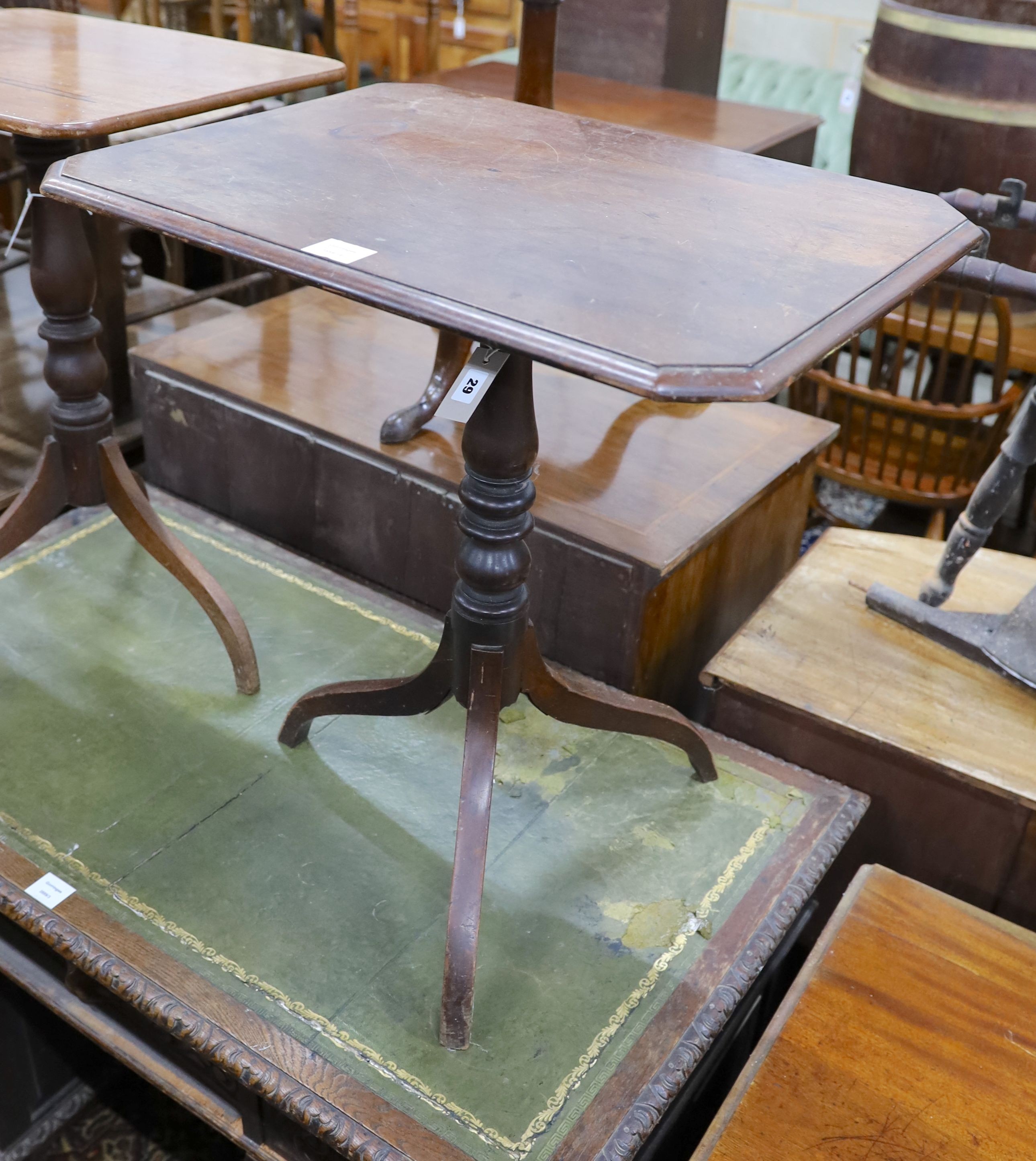 A Regency banded mahogany tilt top wine table, width 63cm, depth 50cm, height 70cm